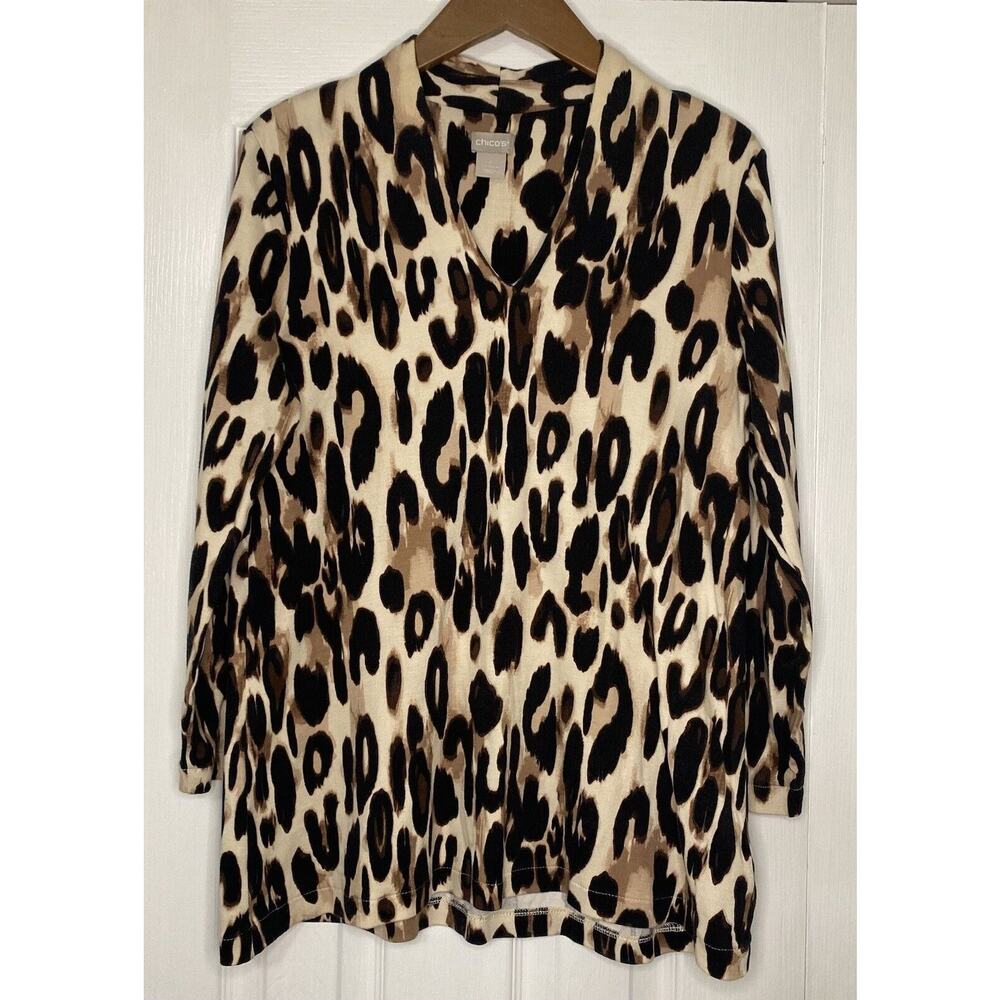 Chico's Leopard Print V-Neck Tunic in Black and Tan